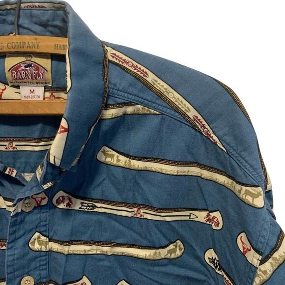 Vintage Barn Fly button up shirt all over Canoe Print navy blue and brown sz M - Picture 5 of 5